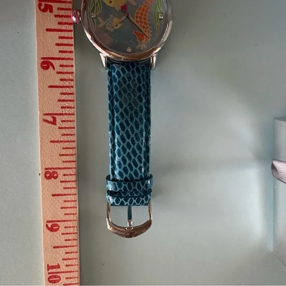 RARE Betsey Johnson Sealife Crystal Accented Teal Croc Leather Buckle Band Watch